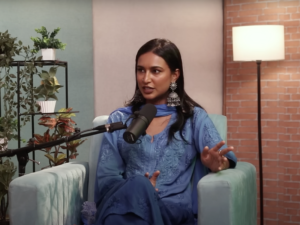 Influencer Rida Tharana, recording a podcast at Taperfox